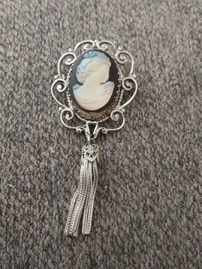 Vtg Whiting Davis Style Iridescent Glass Cameo Tassel Brooch Pendant Silver